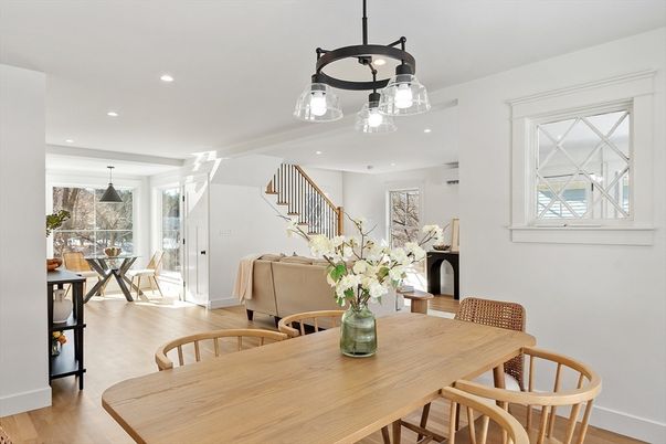 Dining room, Interior, Pendant Lights, Recessed Lighting, Wood Texture Flooring