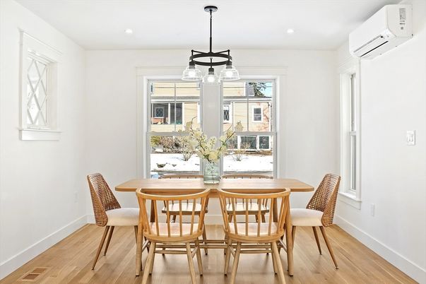 Dining room, Interior, Pendant Lights, Recessed Lighting, Wood Texture Flooring