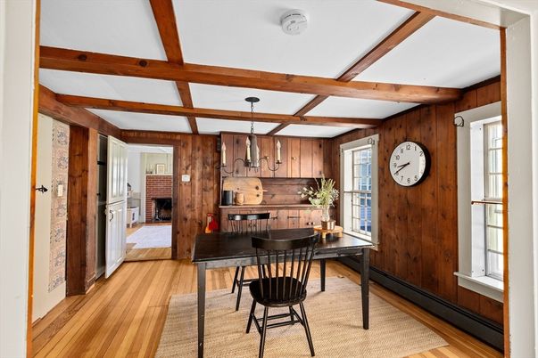 Dining room, Fireplace, Interior, Pendant Lights, Wooden Beams, Wood Texture Flooring, Wooden Walls