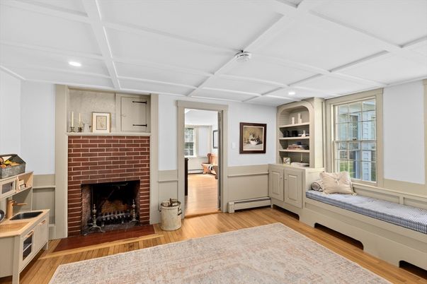 Fireplace, Interior, Recessed Lighting, Wood Texture Flooring