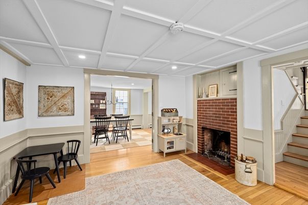 Dining room, Fireplace, Interior, Kitchen, Pendant Lights, Recessed Lighting, Wood Texture Flooring