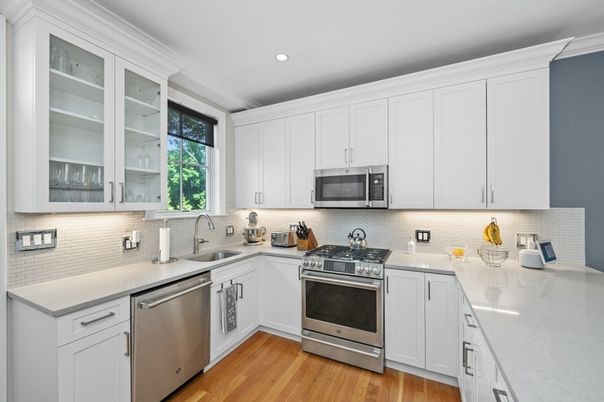 Interior, Kitchen, Recessed Lighting, Stainless Steel Appliances, Wood Texture Flooring