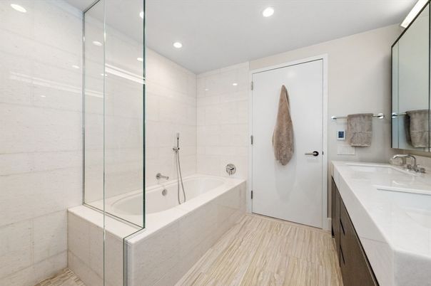 Bathroom, Dual Sink Vanities, Glass Shower, Interior, Recessed Lighting