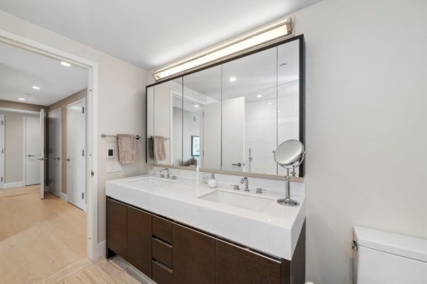 Bathroom, Dual Sink Vanities, Interior, Recessed Lighting, Wood Texture Flooring