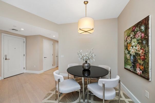 Dining room, Interior, Recessed Lighting, Wood Texture Flooring