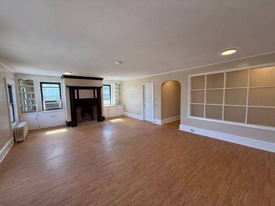 Empty room, Fireplace, Interior, Recessed Lighting, Wood Texture Flooring