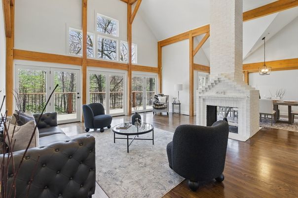 Dining room, Fireplace, Interior, Living room, Pendant Lights, Wooden Beams, Wood Texture Flooring
