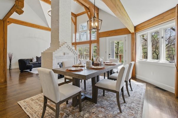 Dining room, Fireplace, Interior, Pendant Lights, Wooden Beams, Wood Texture Flooring