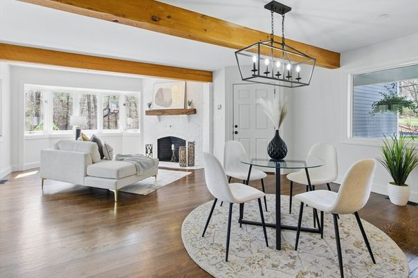 Dining room, Fireplace, Interior, Pendant Lights, Wooden Beams, Wood Texture Flooring