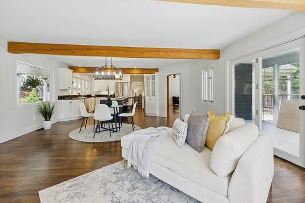Chandelier, Dining room, Interior, Kitchen, Living room, Pendant Lights, Wooden Beams, Wood Texture Flooring