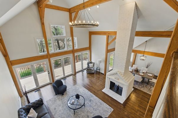 Chandelier, Dining room, Interior, Living room, Pendant Lights, Wooden Beams, Wood Texture Flooring