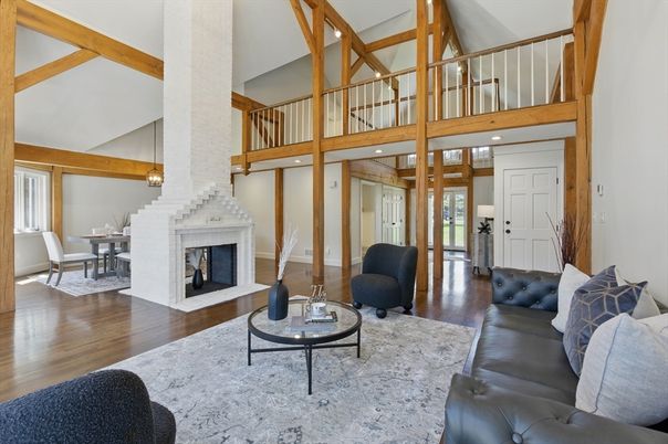 Dining room, Fireplace, Interior, Living room, Pendant Lights, Wooden Beams, Wood Texture Flooring