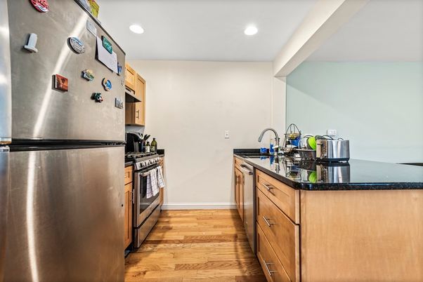 Interior, Kitchen, Recessed Lighting, Stainless Steel Appliances, Wood Texture Flooring
