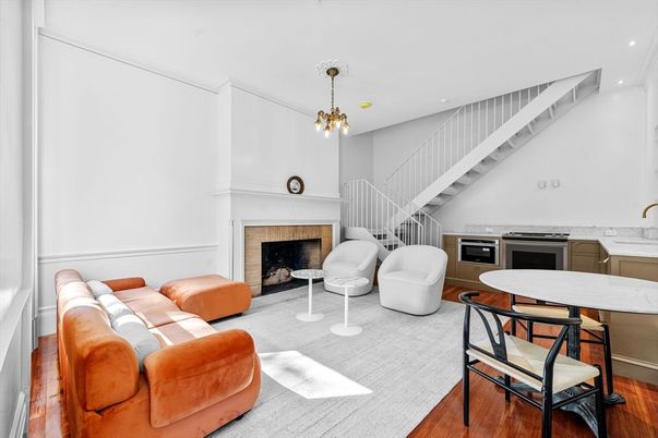 Fireplace, Interior, Kitchen, Living room, Pendant Lights, Recessed Lighting, Wood Texture Flooring