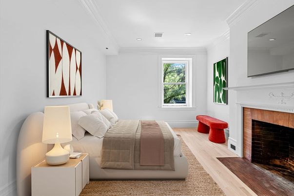 Bedroom, Fireplace, Interior, Recessed Lighting, Wood Texture Flooring