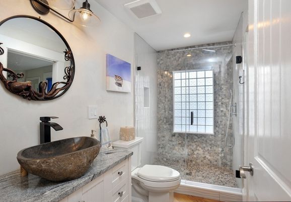 Bathroom, Glass Shower, Interior, Recessed Lighting, Wood Texture Flooring