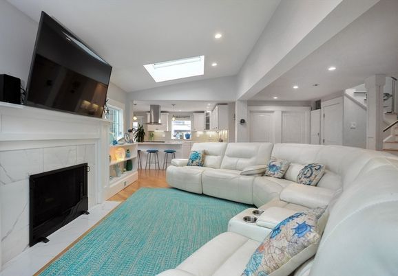 Fireplace, Interior, Kitchen, Living room, Recessed Lighting, Wood Texture Flooring