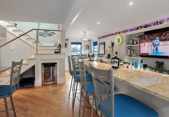 Dining room, Fireplace, Interior, Pendant Lights, Recessed Lighting, Wood Texture Flooring