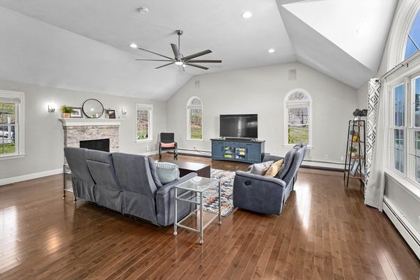 Fireplace, Interior, Living room, Recessed Lighting, Wood Texture Flooring