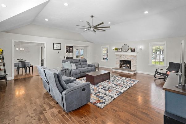 Dining room, Fireplace, Interior, Living room, Pendant Lights, Recessed Lighting, Wood Texture Flooring