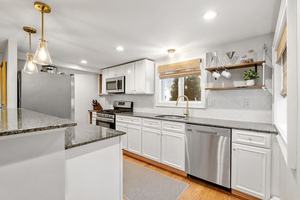 Interior, Kitchen, Pendant Lights, Recessed Lighting, Stainless Steel Appliances, Wood Texture Flooring