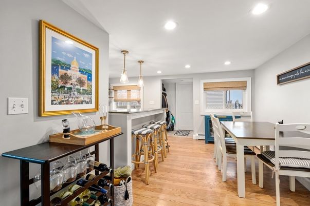 Dining room, Interior, Pendant Lights, Recessed Lighting, Wood Texture Flooring