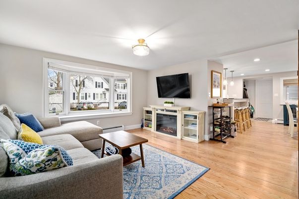 Dining room, Fireplace, Interior, Kitchen, Living room, Pendant Lights, Recessed Lighting, Wood Texture Flooring