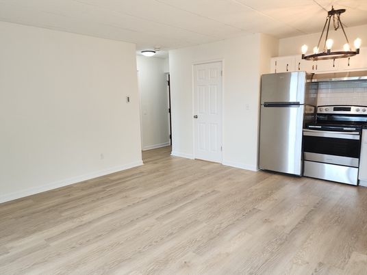Chandelier, Interior, Kitchen, Stainless Steel Appliances, Wood Texture Flooring
