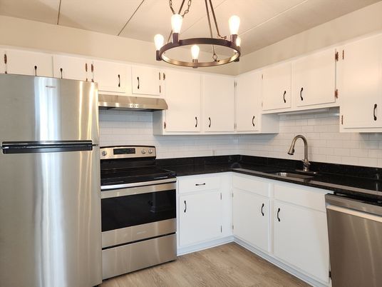 Interior, Kitchen, Pendant Lights, Stainless Steel Appliances, Wood Texture Flooring