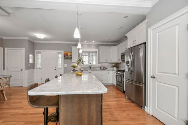 Interior, Kitchen, Pendant Lights, Recessed Lighting, Stainless Steel Appliances, Wood Texture Flooring
