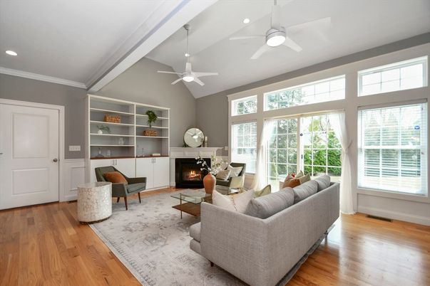 Fireplace, Interior, Living room, Recessed Lighting, Wood Texture Flooring