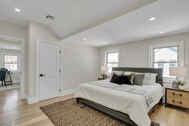 Bedroom, Interior, Recessed Lighting, Wood Texture Flooring