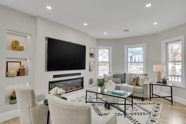 Fireplace, Interior, Living room, Recessed Lighting, Wood Texture Flooring