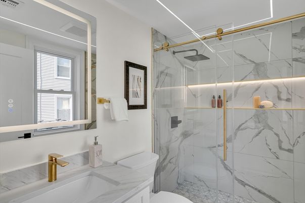 Bathroom, Glass Shower, Interior, Marble Walls