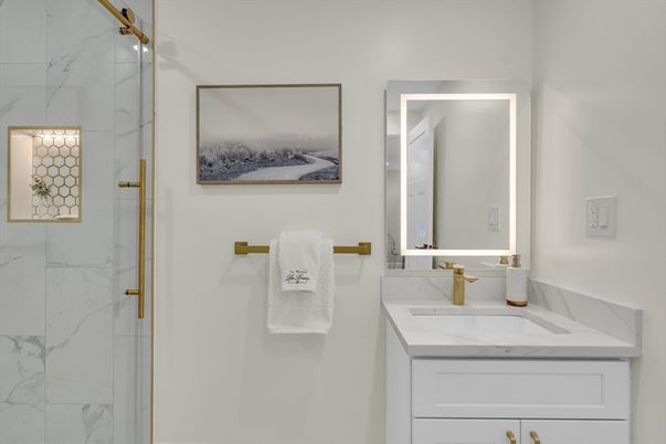 Bathroom, Dual Sink Vanities, Glass Shower, Interior, Marble Walls