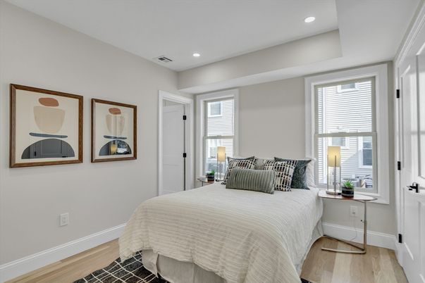 Bedroom, Interior, Recessed Lighting, Wood Texture Flooring