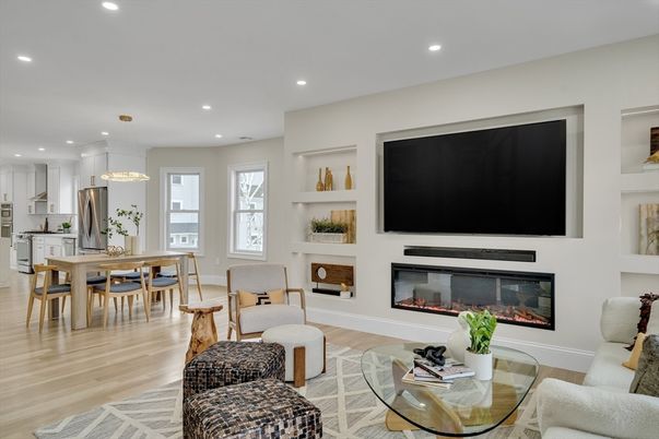 Dining room, Fireplace, Interior, Kitchen, Living room, Pendant Lights, Recessed Lighting, Wood Texture Flooring