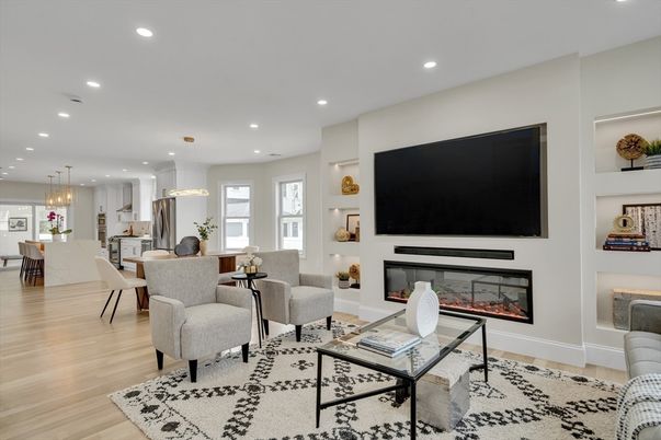 Dining room, Fireplace, Interior, Kitchen, Living room, Pendant Lights, Recessed Lighting, Wood Texture Flooring