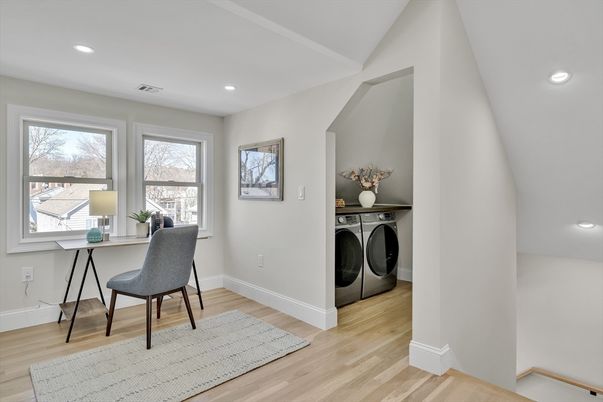 Home Office, Interior, Recessed Lighting, Washer, Wood Texture Flooring