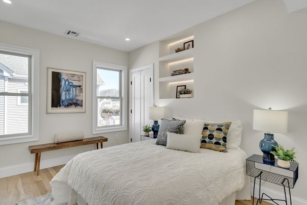 Bedroom, Interior, Recessed Lighting, Wood Texture Flooring