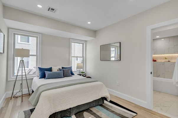 Bedroom, Interior, Marble, Marble Walls, Recessed Lighting, Wood Texture Flooring
