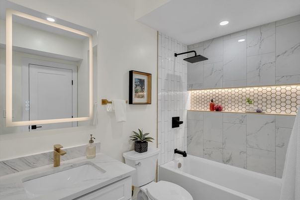 Bathroom, Interior, Marble Walls, Recessed Lighting