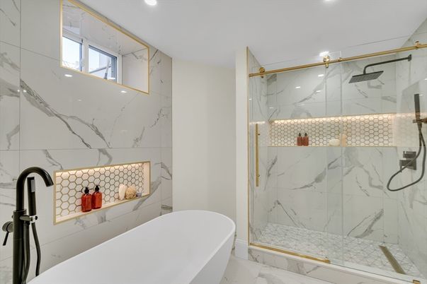 Bathroom, Free Standing Baths, Glass Shower, Interior, Marble, Marble Walls, Recessed Lighting