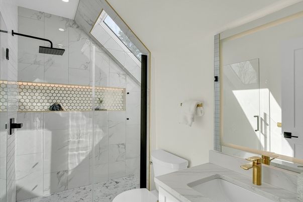 Bathroom, Glass Shower, Interior, Marble, Marble Walls, Recessed Lighting