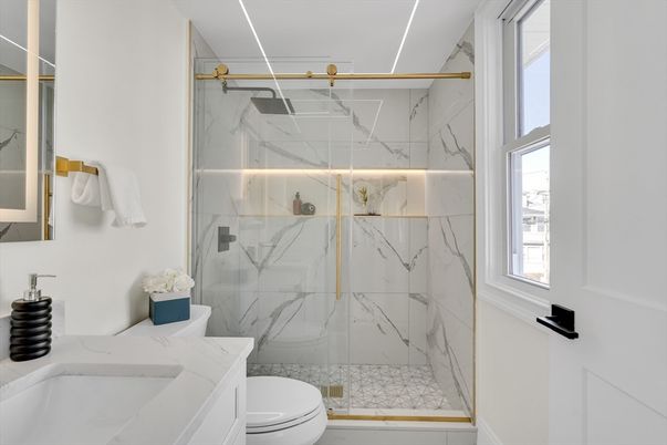 Bathroom, Glass Shower, Interior, Marble Walls