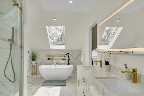 Bathroom, Dual Sink Vanities, Free Standing Baths, Interior, Marble, Marble Walls, Recessed Lighting