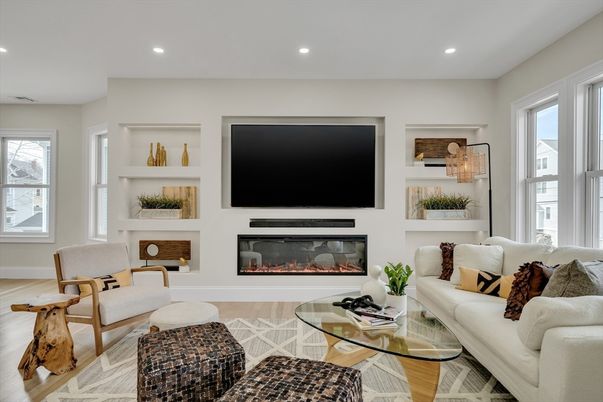Fireplace, Interior, Living room, Recessed Lighting, Wood Texture Flooring