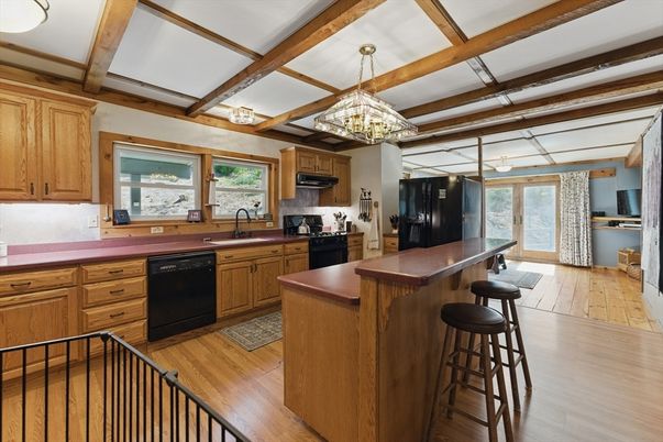 Interior, Kitchen, Pendant Lights, Wooden Beams, Wood Texture Flooring