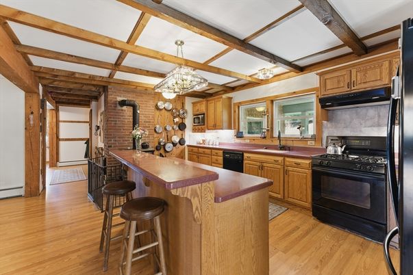 Interior, Kitchen, Pendant Lights, Stone Walls, Wooden Beams, Wood Texture Flooring