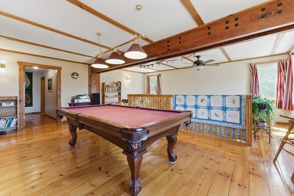 Billiard Table, Game Room, Interior, Pendant Lights, Wooden Beams, Wood Texture Flooring